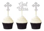Festiko 24Pcs God Bless Cupcake Toppers, Baptism Decorations, Christian Party Decors Supplies (Silver)