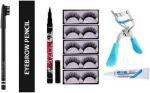 Lenon Beauty 5 Pair False Eyelash, Glue, Curler and 36 Hrs Black eyeliner,eyebrow Pencil 1202 (Black) Pack of 9 (9 Items in the set)