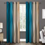 Amazures Blue and Cream Color Wave Design 3D Digital Printed Polyester Eyelet Shilhouette Curtain - 4 x 9 feet