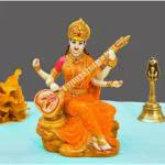 SHRI BALAJI CRAFT Marble Dust Saraswati Idol for Home & Office Temple I Veena Statue I Sarasvati MATA I Devi Ma I Office God Idols I Living Room I Guest Room (7x4 Inch) (Orange)