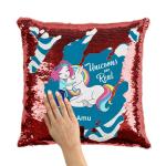 ASHVAH Blue and Red Satin AMU Name Unicorn Sequins Magic Cushion Cover with Filler 40 x 40 cm