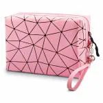 House of Quirk Makeup Bag Cosmetic Geometric Toiletry Bag PU Zipper Pouch-Pink