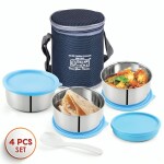 Dream Home Perfect Meal Lunch Stainless Steel Lunch Box, Set of 3, (300 ml Each), 1 Plastic Container 80ml | Light Weight | Best For School , Collage , Office