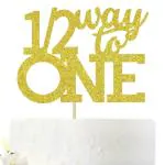Festiko Gold Glitter 1, 2 Way To One Cake Topper, Happy 6 Months Cake Topper, Half A Year Party Decors, Six Months Old Party Decorations, Happy 1, 2 Birthday Photo Props