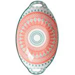 Nestasia Pink and Blue Mandala Ceramic Long Dish with Handles for Serving Snacks, Appetizers, Salads, and Noodles| Microwave Safe, Dishwasher Safe (10.8 Inch)