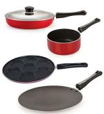Nirlon 4 pcs of Red, Black Non-stick Pot and Pans Cookware Set Standard