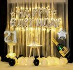SpecialYou.in 21st Birthday Decoration Item Kit for girls,boys,adults with Black and White Balloons with Silver Star Foil Balloons, champagne bottle Foil balloon and 21 Number foil balloon- Set of 60 Pcs