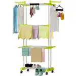LivingBasics 3 Tier Clothes Dryer Stand with 2Pcs Icon Cloth Clips (Lime Green)