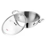 Vinod Platinum Triply Stainless Steel Extra Deep Kadai with Glass Lid 2.5 Litre (22 cm) | 2.5mm Thick | Kadai for Cooking | Heavy Base | Induction & Gas Base