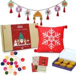 Indigifts Christmas Gift Decorative Box (Velvet Cushion Cover, Bunting Tree Ornament, Bamboo Balls String Fairy Light, Assorted Cookies, Rocking Reindeer Coasters)