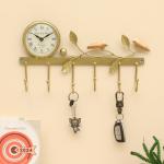 vedas Multicolor Metal Singing Bird on Tree with Clock Wall Hooks for Keys | 6 Hooks Rack/Holder for Kitchen Utensil | Wall Mounted Key Holder Key Rack Key Hanger | Bathroom Towel Hooks