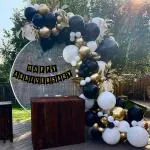 Hemito Solid 64 Pc Happy Anniversary decorations kit: Black Happy Anniversary Banner + 50 pc Premium White and Black Metallic Balloons + 10 Gold Chrome Balloons with Glue Marriage Celebration | 1st , 5th ,25th Anniversary Party (Pack of 64)