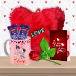 Midiron Gift for Anniversary Hamper |Romantic Gift for Wife/Girlfriend/Boyfriend/Husband/Fiance|Valentines Day Gifts with Chocolate Bars, Heart Cushion, Printed Ceramic Mug , Artificial Rose & Love Card