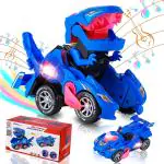 PATPAT Transformers Toys Transforming Dinosaur Car Toys,Transforming Dinosaur LED Car with Light and Music,2 in 1 Automatic Dinosaur Transformer Car Toy,Dinosaur Toys for Kids Boys Girls Blue