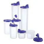 Cutting EDGE Smart Oil Dispenser Storage Combo Set of (2x1.1L + 3x585ml + 2x250ml) Air-Tight & Leak Resistant Plastic Round Modular Container - For Vinegar, Sauces, Olive & Refined Oils, Water - Easy Flow, BPA Free, Refrigerator Safe - (Dark Blue)