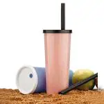 KATHIYAWADI Plastic 2 PCs Juice Milk Shack Glass with Straw - Air Tight Sipper Milk Water Juice Shake Bottle -450 ml (Assorted)