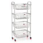 HAZEL Stainless Steel Trolley Rack 4 Layer Basket, Rectangle Stand with Wheel 14 inch x 32.8 inch