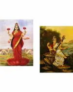 DECOR ADVENTURES Goddess Lakshmi and Saraswati Devi by Raja Ravi Varma Wall Paintings 14 x 18 inch (Pack of 2)