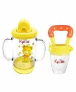 Kritiu Baby Sippy Spout Cup With Handles and Rattel Fruit Feeder, Multicolor (Pack of 2) 200 ml