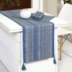ODE & CLEO Back Sheeting Lining in Front Multi Shade Foil Print & 4 Tassels at Each Corner Blue/Gold Premium Cotton Eco-Friendly Versatile Table Mat & Table Runner Set