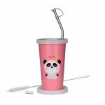 PDD Falcon Printed Leak Proof Food Grade Stainless Steel Tumbler with Straw Glass 370ml Pink
