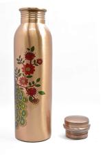 JASANI Peacock Printed Lacquer Coated Pure Copper Water Bottle Red Copper Peacock Printed Leak Proof Copper Water Bottle Designer Pure Copper Peacock Design Drinking Bottles | Natural Joint Less Copper Drinking Vessel with Leak Proof (Pack of 3)