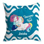 ASHVAH Blue Satin Jinisha Name Unicorn Cushion Cover with Filler 30 x 30 cm