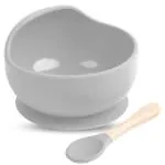 BabyHop Silicone Baby Feeding Bowl & Spoon (Grey) Suction Bowl&Soft Spoon BPA Free Tableware, Infant Training Eating Utensils