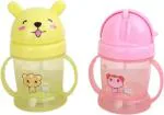Mom's Pride Kidsify Yellow, Pink Plastic Baby Bear Opaque Soft Straw Feeding Sipper With Twin Handle Anti Spill Sippy Cup - 300 Ml (Pack Of 2)