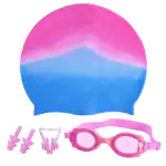 Toyshine 3 Pc Swim Set - Dual Color Swim Cap and Swimming Goggles with Nose Clip and Ear Buds Unisex Set for Age 5-15 Boys Girls - Multi