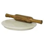 eGharonda Marble Chakla/Rolling Pin Board/Roti, Phulka, Chapati Maker/Belan/Rolling Pin for Kitchen (Combo of White Chakla 10 Inch & Wood Belan)