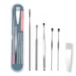 KIRMIT Premium Effective Ear Wax Cleaner Removable Tool Kit with Brush with a Storage Box - Set of 5 (Silver Color) Remover Tool, Spring Ear Wax Picker, For Baby and Adults, Hygiene Essentials