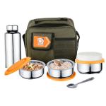 Priyaj Stainless Steel Lunch Box Set Tiffny Hot Series 3 Containers (225ml each),600ml Steel Bottle & spoon with Thermoware bag|Air Tight Orange lid|Leakproof Tiffin Box|Office School Travel Lunch Box