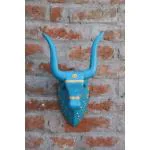 KB ART Wooden Bull Head with Brass Accents Wall decor 18 Inch Blue Colour Wall decor Home decor Nandi Head Cow head Brass fitted bull head