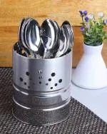 Homeleven Stainless Steel Spoon Fork Cutlery Holder Stand Metal Cutlery Laddle Sptaula Pen Holder For Kitchen (12.5 X10.5 X10.5 Cm) - Pack of 1 Silver Color