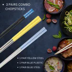 Hichaki 3 Pairs Stainless Steel & Alloy Gold Chopstick - Reusable Chop Sticks for Noodles Sushi Hotpot Square Grip to Hold Food (Yellow,Blue,Blue)