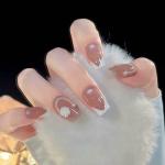 Secret Lives Acrylic Press on Artificial Designer Fake Nails Extension Nude Brown Annie French Design 3D Flower Chain and Pearl 24 pcs Set with Glue Sheet