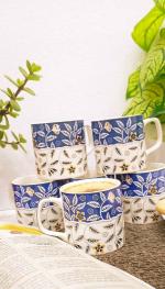 Caffeine Blue, White Stoneware Tea Cup Set, 150 Ml (Set Of 6)