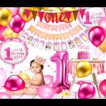 SV Traders 1st Birthday Decoration For Girl Pink Theme Combo Kit Of 66 Pcs