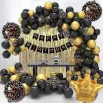 GROOVY DUDZ Happy Birthday Black Gold Chrome Birthday Backdrop Party Decoration (54 Pcs)