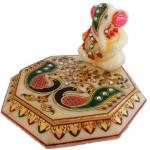 Etsibitsi Multicolor Marble Ganesh Idol On Chowki With Peacock Design