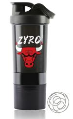 Zyro Bulls Gym Shaker Bottle with 2 Storage Compartments - Shaker for Protein Shakes and Gym Workouts, BCAAs & BPA Free, 500 ml Shaker bottle (Color-Black, Plastic, Pack of 1)