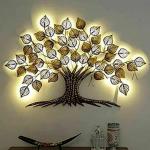 Antaryuga Golden Metal Rajasthani Ethnic Handcrafted Decorative Tree Wall Art Golden With Led Size 55X2X38 Inch Powder Coated, 55 X 2 X 38 Inch