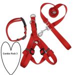 Petlia Padded Nylon Dog Body Belt Dog Belt & Dog Leash Medium (Neck Size - 16-25 inch) (Chest Size - 18-28 inch) Combo Harness Collar Leash pack 3 Red