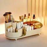 Inditradition 360 Degree Rotating Cosmetic Makeup Organizer, Vanity Box for Dressing Table | For Lipstick, Nail-Polish, Brushes, Lotion, Perfume, Jewlery | 13.6 x 5.8 Inches, Plastic (Beige)