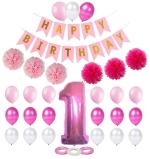 AMFIN (Pack of 32) First Birthday Decorations Girl 1st Birthday Decoration for Baby Girl First Birthday Banner 1st Birthday Theme Decoration First Birthday Decorations Girl Combo - Pink