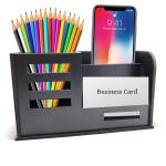 Tulay Pen Stand With Visiting Card Mobile Holder Wooden Desk Organizer Black Color 17 x 7 x 10 CM