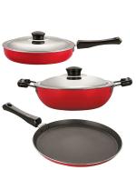 Nirlon 3 pcs of Red, Black Non-stick Coated Pot and Pans Cookware Combo Set