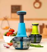 GRECY Manual Push Chopper for Vegetables & Fruits, Hand Press Chopper with Lock & Unlock System 3 S S Blade + 1 Plastic Blade + 1 Plastic Whisker 500ml - Blue
