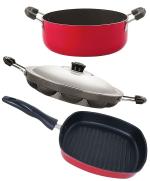 Nirlon 3 pcs of Red and Black 3 Layer Non-stick Aluminium Coated Chemical Free Kitchenware Essential Combo Set, Standard